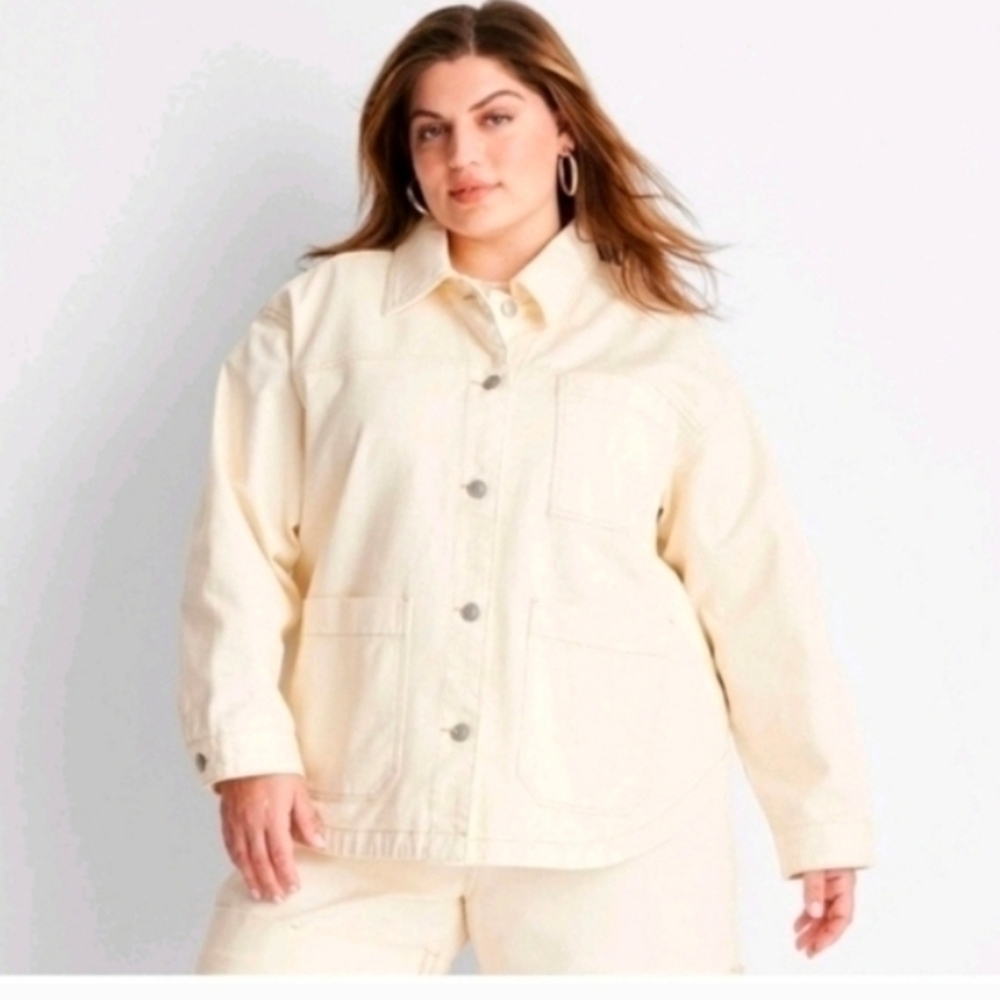 Future Collective Cream Oversized Contrast Stitch Denim Jacket
